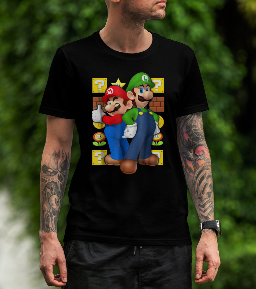 Super Mario Brothers Mario And Luigi With Question Blocks And Power-Up Icons T-Shirt