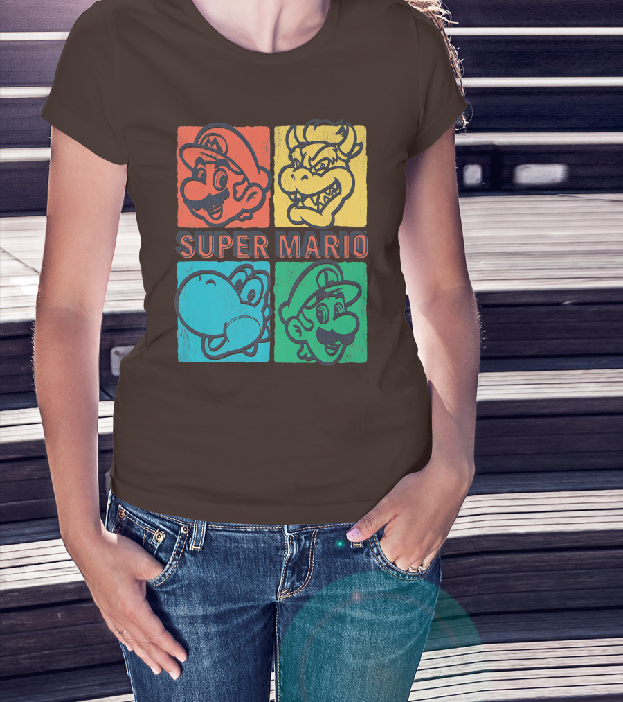 Super Mario Bowser Yoshi Luigi Distressed Square Group Shot T-Shirt