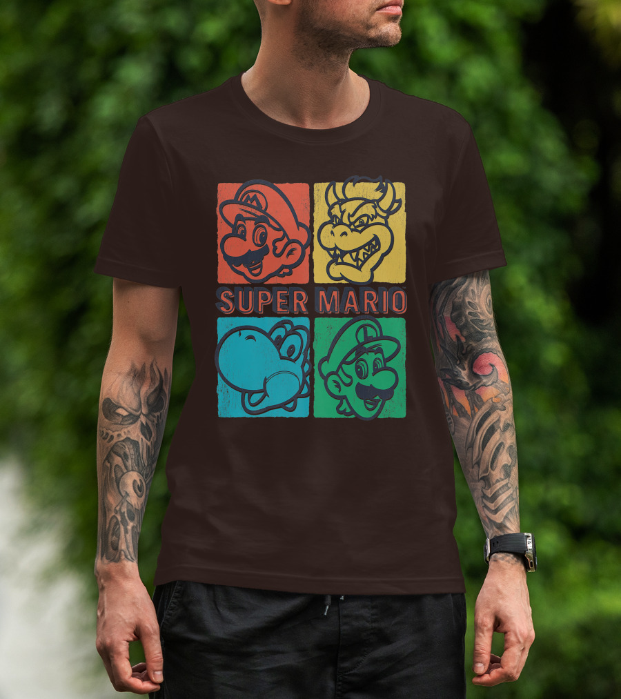 Super Mario Bowser Yoshi Luigi Distressed Square Group Shot T-Shirt