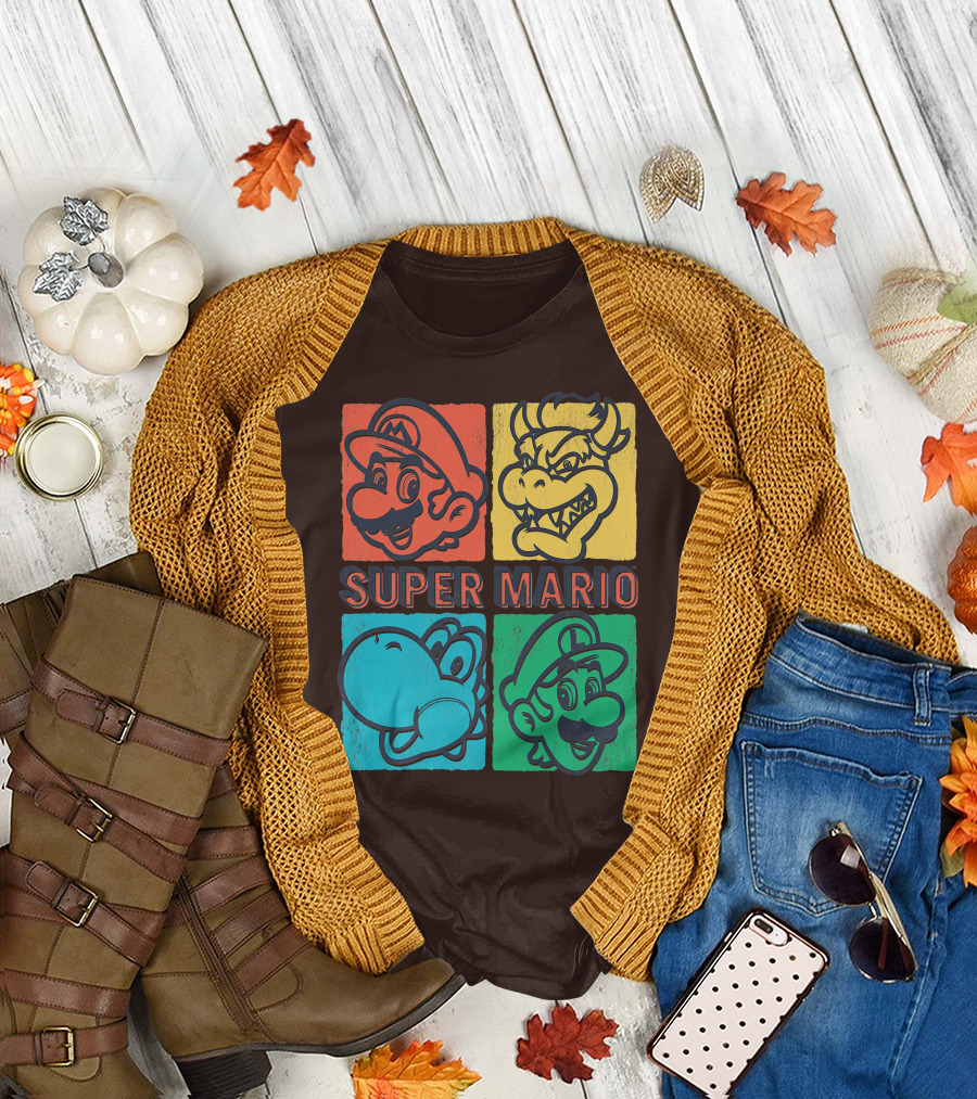 Super Mario Bowser Yoshi Luigi Distressed Square Group Shot T-Shirt