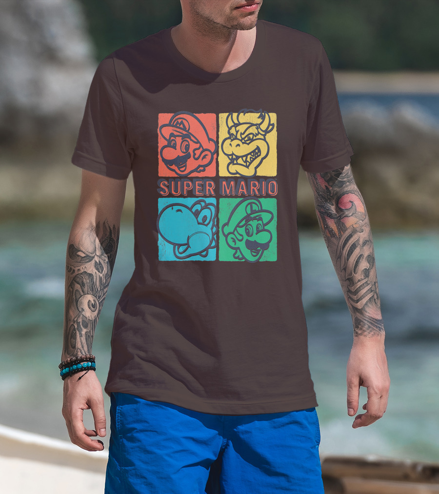 Super Mario Bowser Yoshi Luigi Distressed Square Group Shot T-Shirt