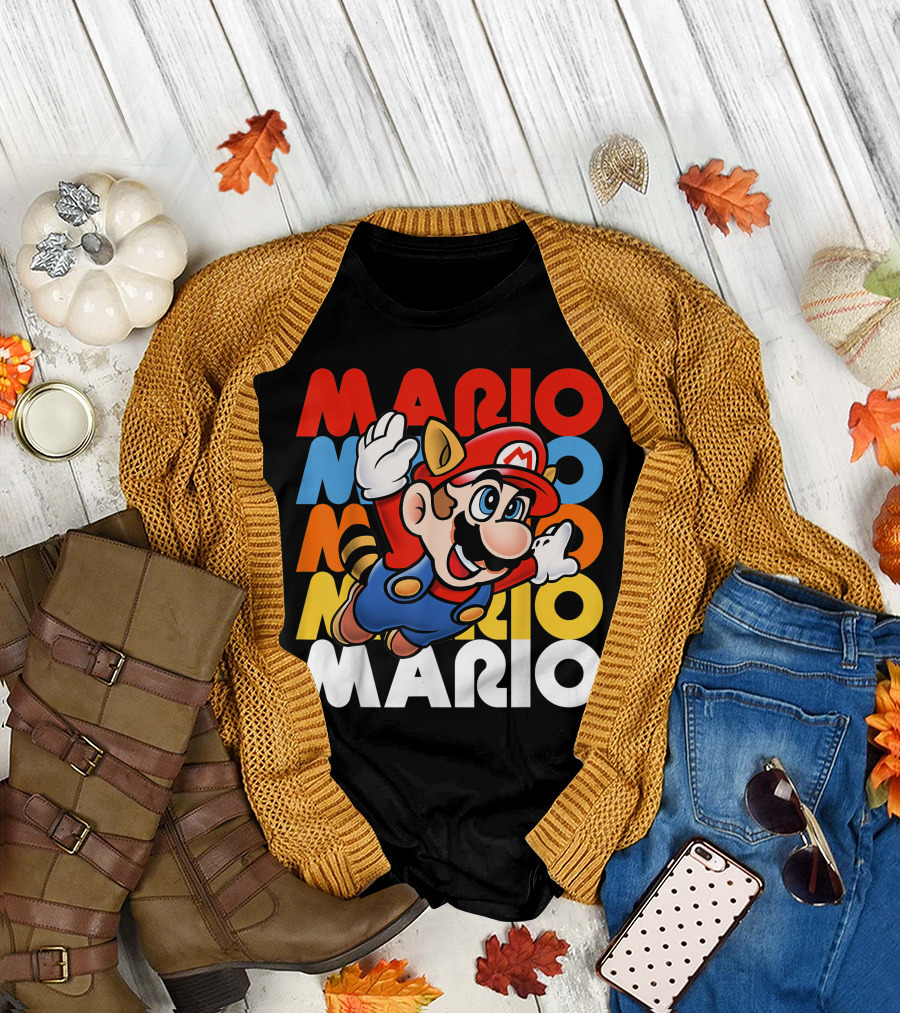 Funny Super Mario Retro Raccoon Flying Mario Repeat T-Shirt