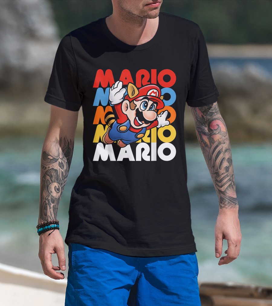 Funny Super Mario Retro Raccoon Flying Mario Repeat T-Shirt