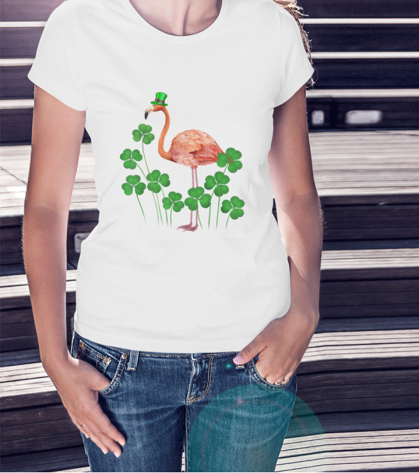 Flamingo With Shamrocks And Leprechaun Hat T-Shirt