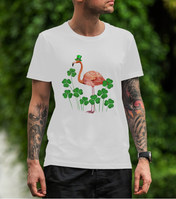Flamingo With Shamrocks And Leprechaun Hat T-Shirt