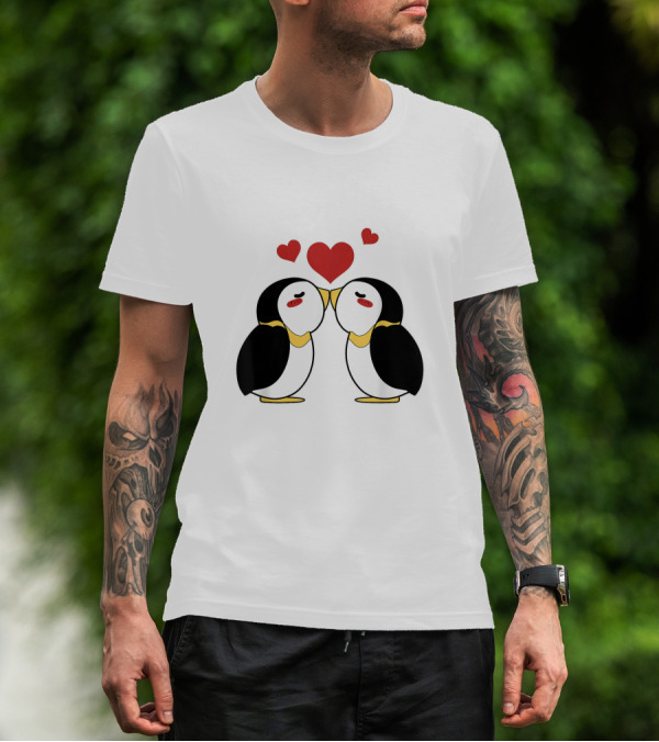 Cute Penguin Lovers Kissing With Hearts Above T-Shirt