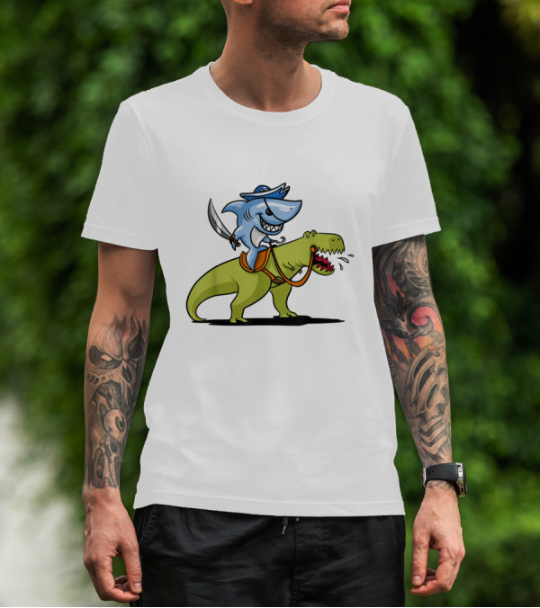Shark Pirate Riding T-Rex Dinosaur Adventure T-Shirt
