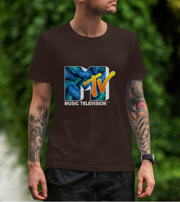 MTV Music Television Blue Green Tropical Leaf Fill T-Shirt