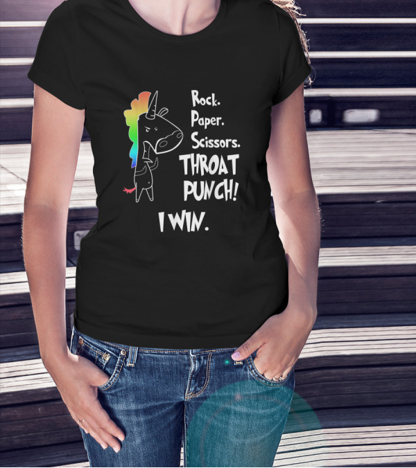 Rock Paper Scissors Throat Punch I Win Angry Rainbow Unicorn T-Shirt