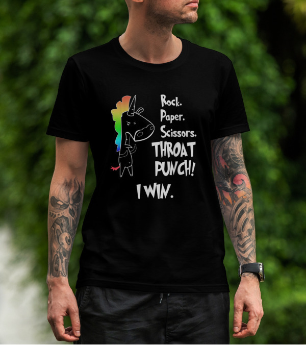 Rock Paper Scissors Throat Punch I Win Angry Rainbow Unicorn T-Shirt