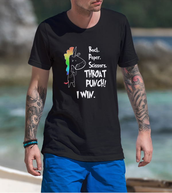Rock Paper Scissors Throat Punch I Win Angry Rainbow Unicorn T-Shirt