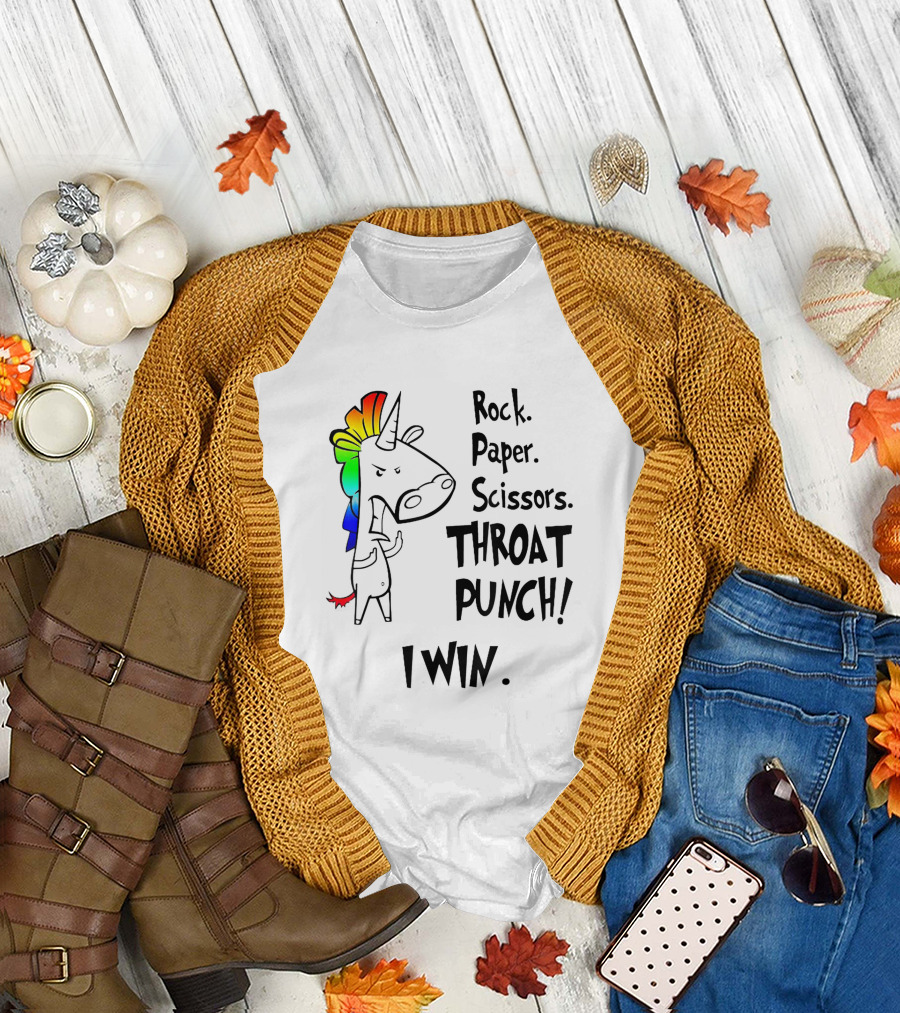 Rock Paper Scissors Throat Punch I Win Angry Unicorn Rainbow Mane T-Shirt