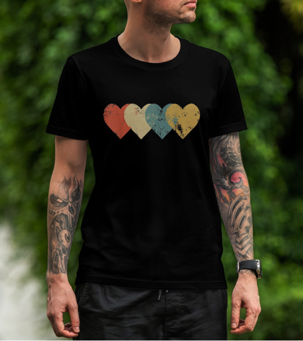 Vintage Hearts Distressed Red Yellow Blue Teal T-Shirt
