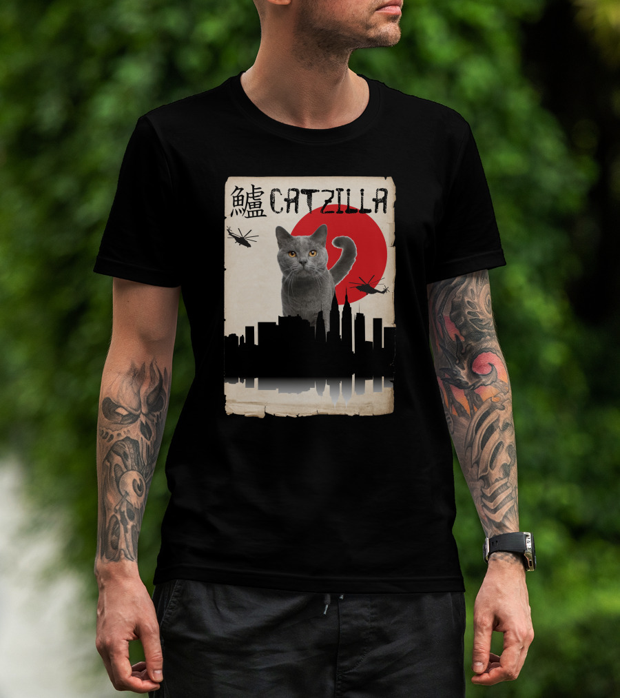 Catzilla Japanese Monster Cat Red Sun Helicopters City Skyline T-Shirt