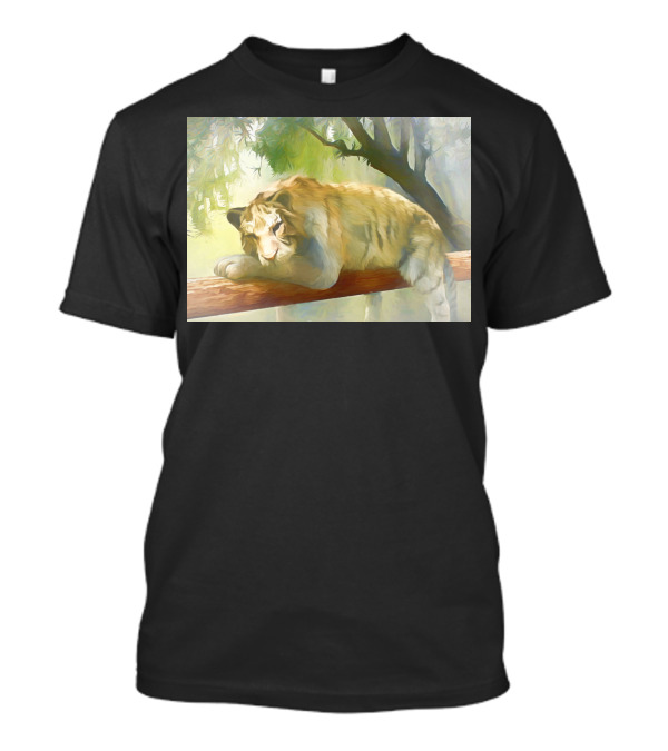 Chilling Tiger Resting On A Tree Branch In A Serene Forest Setting T-Shirt