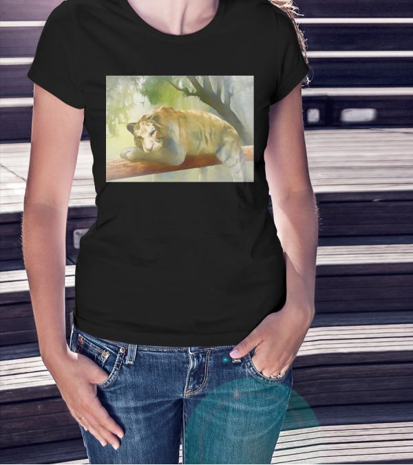 Chilling Tiger Resting On A Tree Branch In A Serene Forest Setting T-Shirt