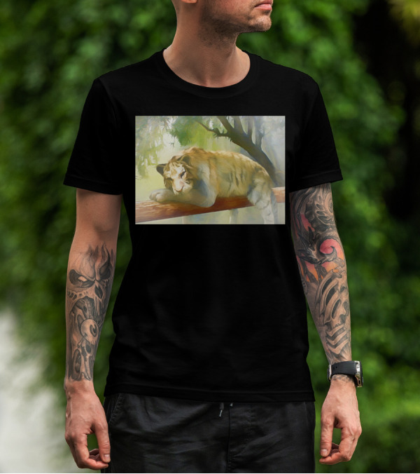 Chilling Tiger Resting On A Tree Branch In A Serene Forest Setting T-Shirt