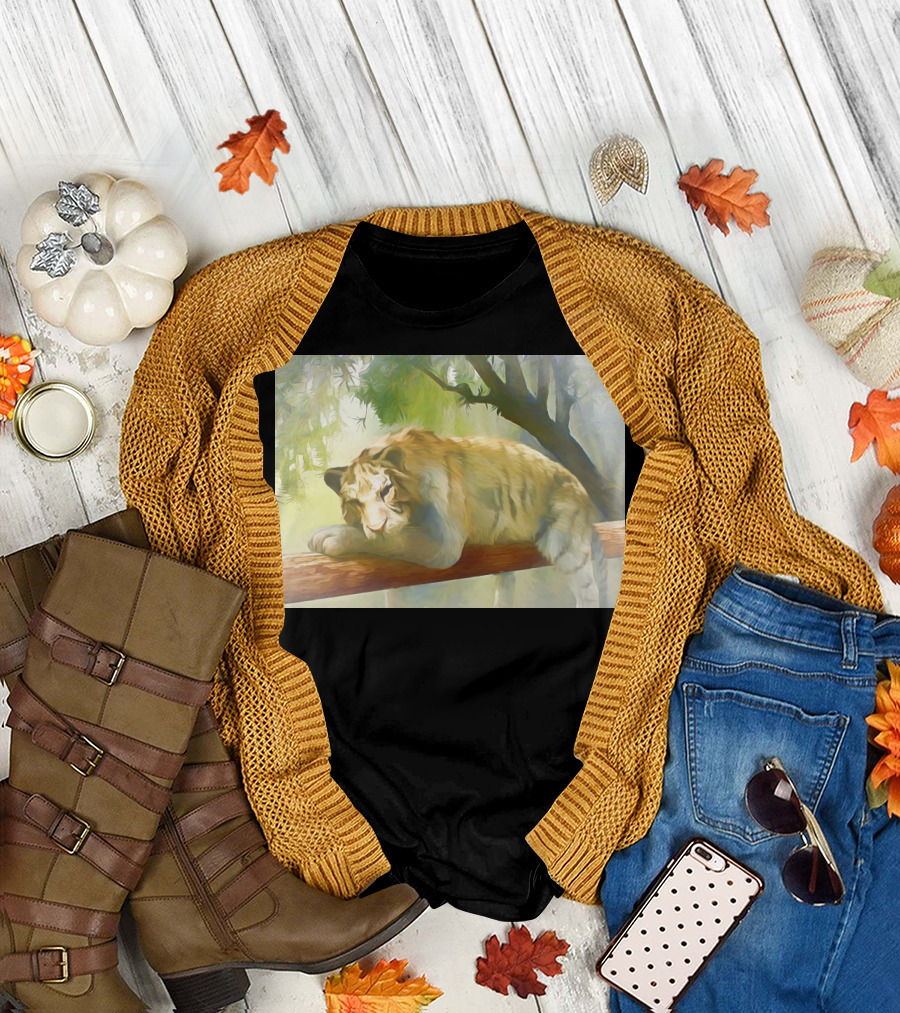 Chilling Tiger Resting on a Tree Branch in a Serene Forest Setting T-Shirt