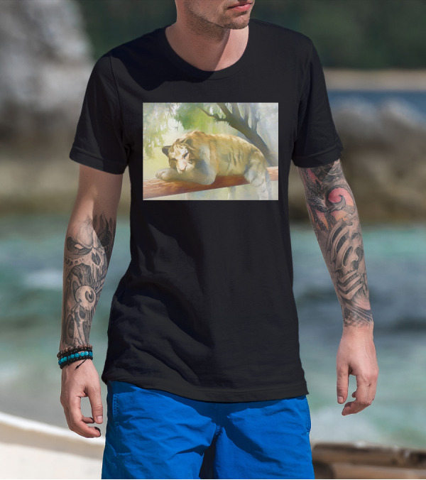 Chilling Tiger Resting On A Tree Branch In A Serene Forest Setting T-Shirt