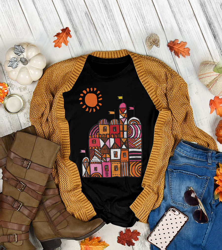 Playful Geometric Castle with Sun and Colorful Flags T-Shirt
