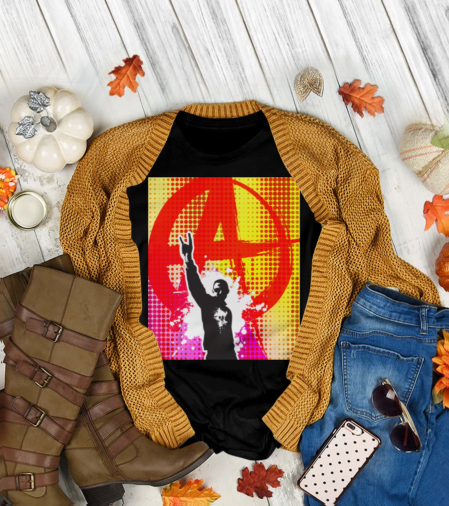 Punk Anarchy Symbol with Raised Hand Gesture and Vibrant Dot Background T-Shirt