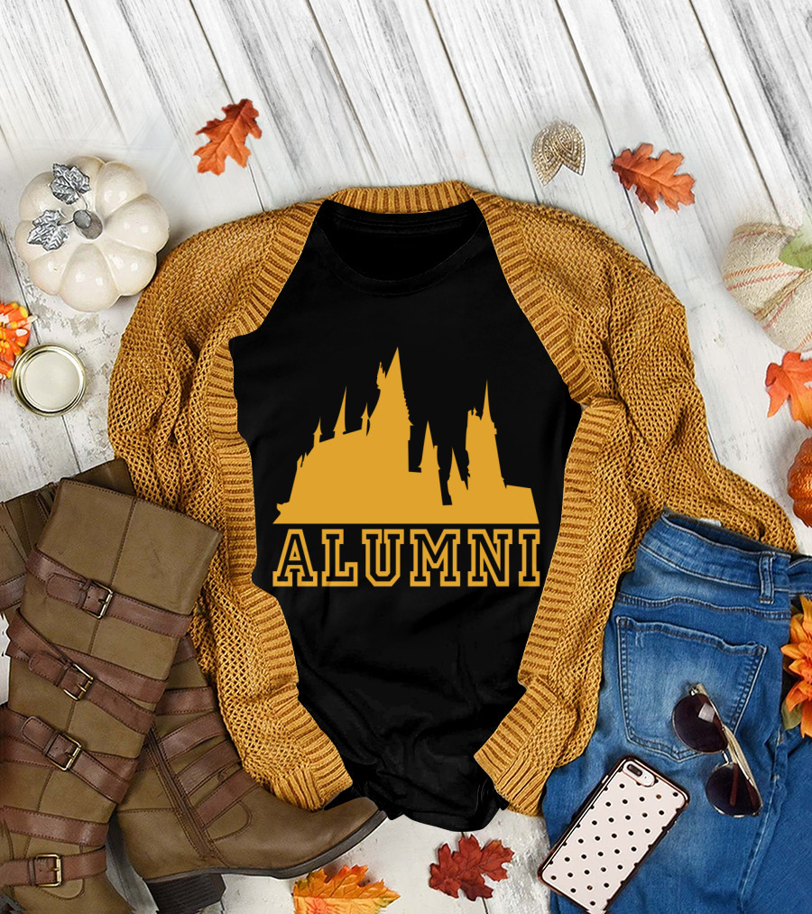 Hogwarts Castle Alumni Graphic in Bold Yellow Letters T-Shirt