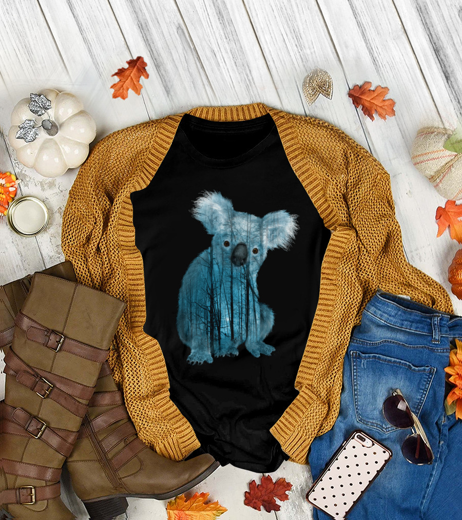 Australian Misty Forest Koala Bear Blue Silhouette Wildlife T-Shirt