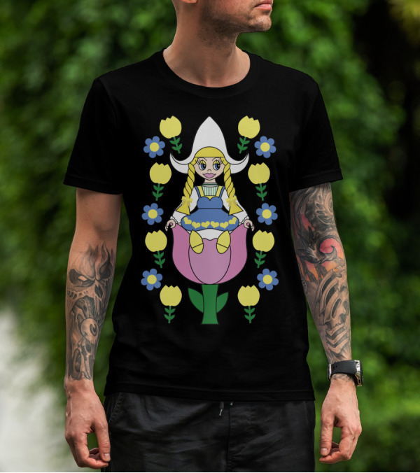 Sitting In The Tulips Dutch Doll In Traditional Dress Surrounded By Flowers T-Shirt
