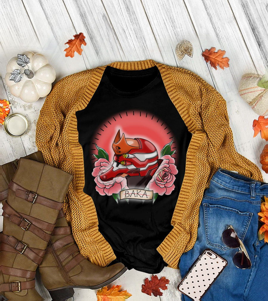 Baka Evangelion Mecha Floral Design with Red and Pink Roses T-Shirt