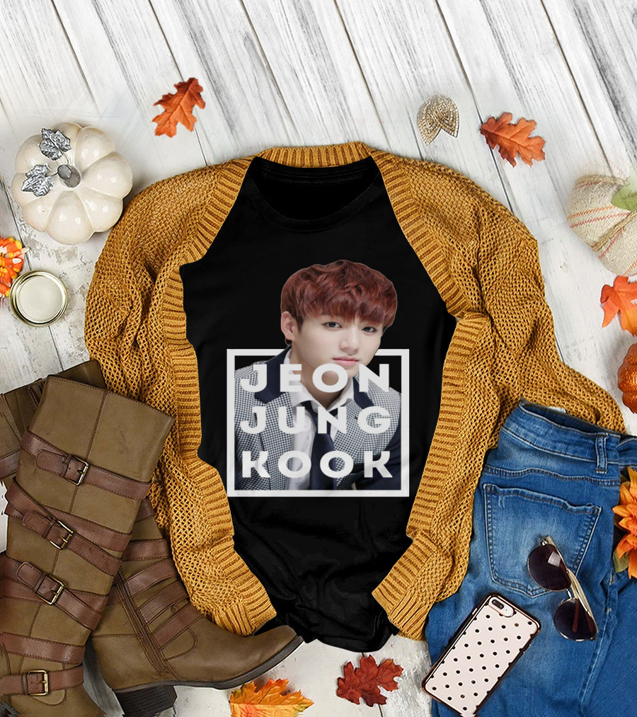 BTS Jeon Jung Kook Portrait Photo in White Text Box T-Shirt
