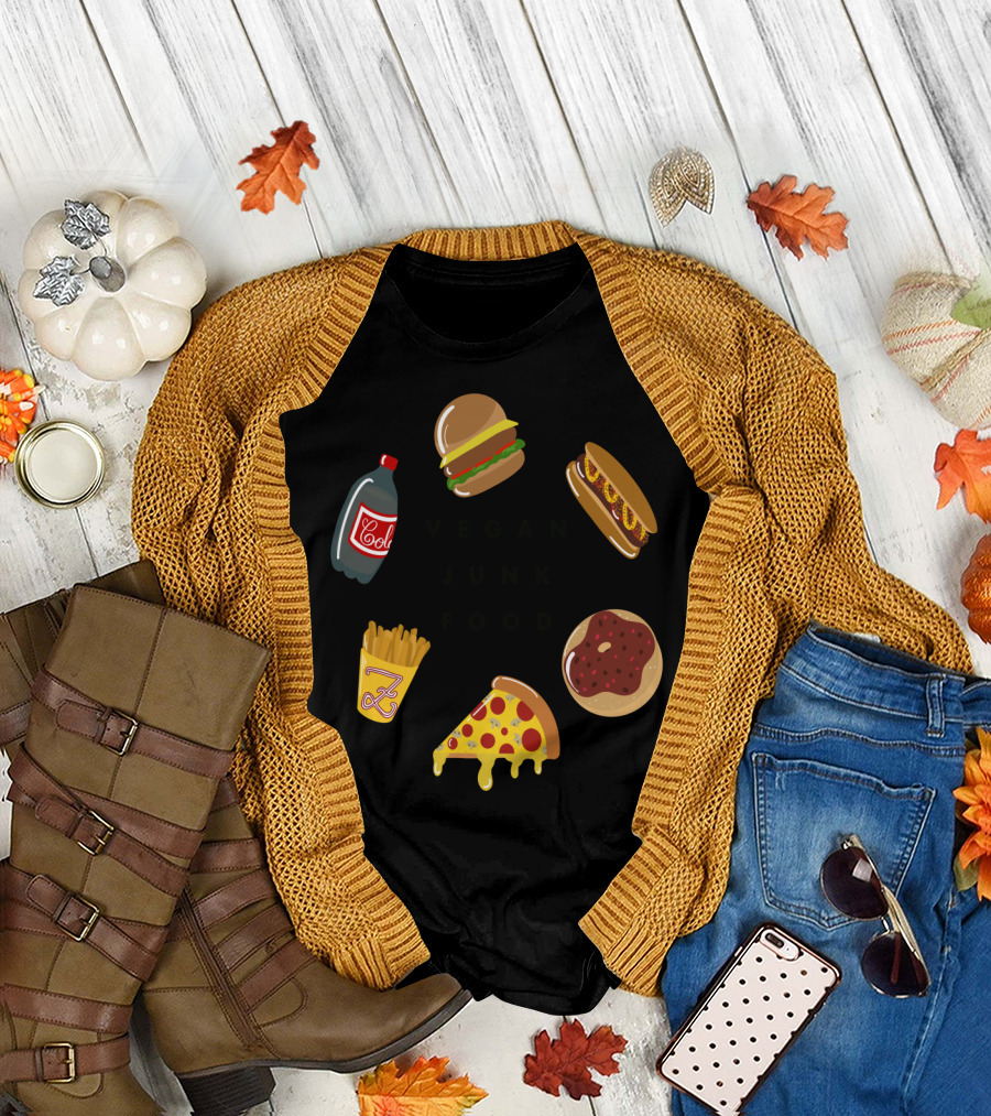 Vegan Junk Food Ketchup Burger Fries Cola Pizza Donut Hot Dog Fun T-Shirt