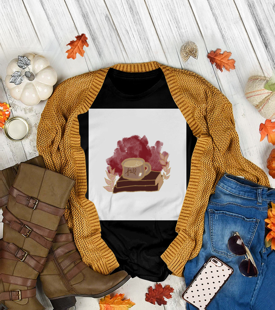 Cozy Coffee and Books Autumn Aesthetic with Fall Leaves T-Shirt