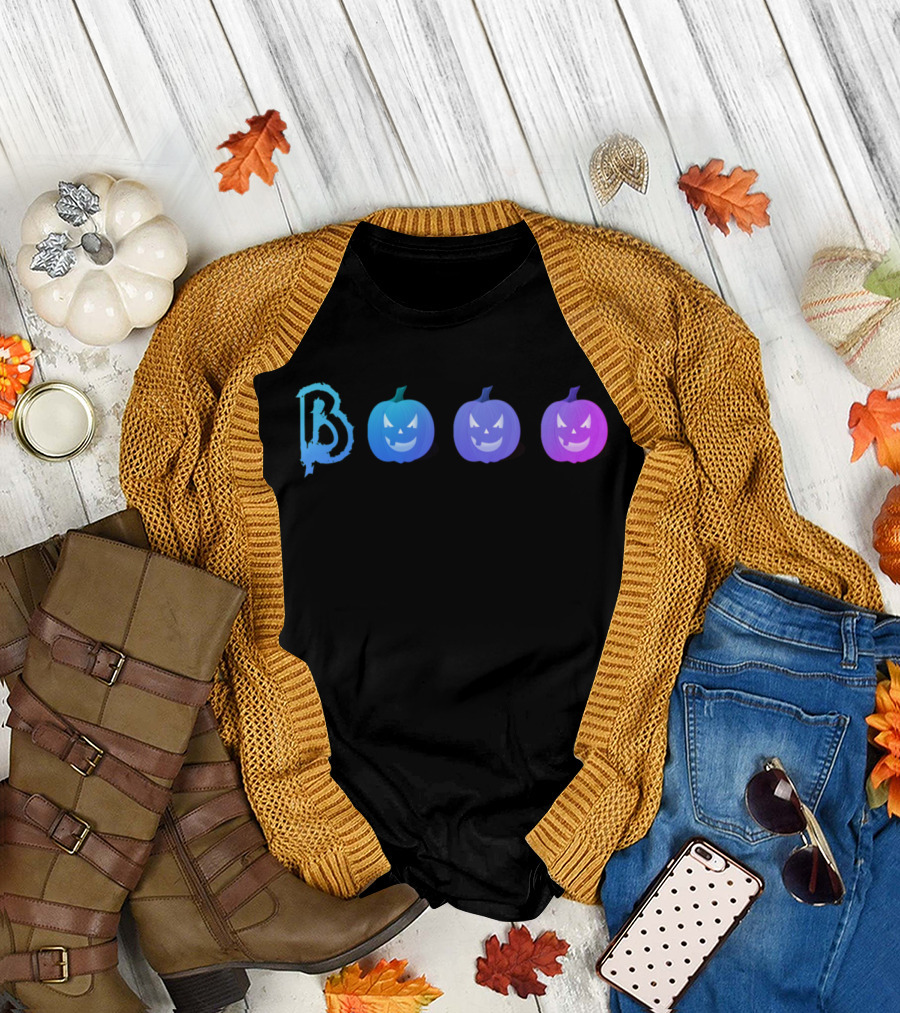 BOOO Text with Gradient-Shaded Jack-O'-Lanterns in Blue to Purple Tones T-Shirt