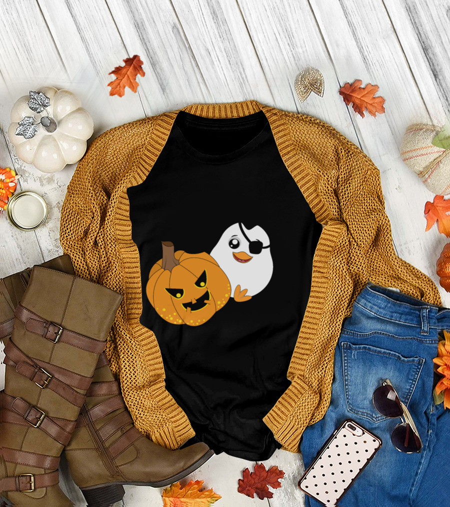 Penguin Pirate and Halloween Pumpkin Cartoon T-Shirt