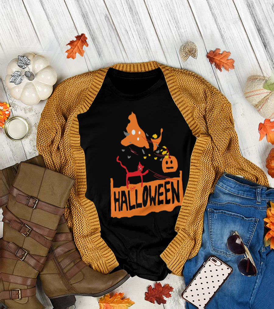 Halloween Black Cat Windy Witch Hat Pumpkin T-Shirt