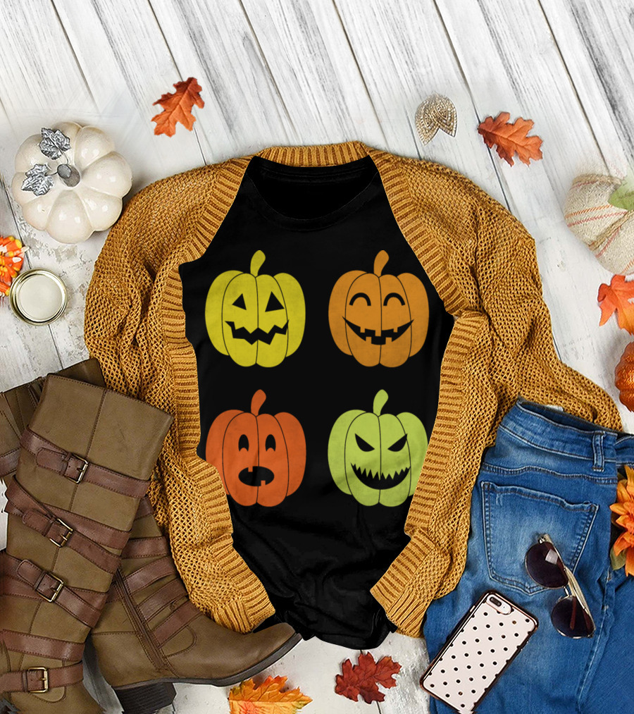 Vibrant Halloween Pumpkin Faces with Spooky Expressions T-Shirt