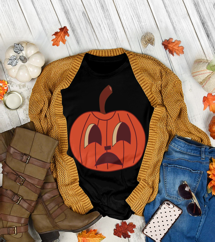 Cartoon Jack-O'-Lantern Face with Upset Expression T-Shirt