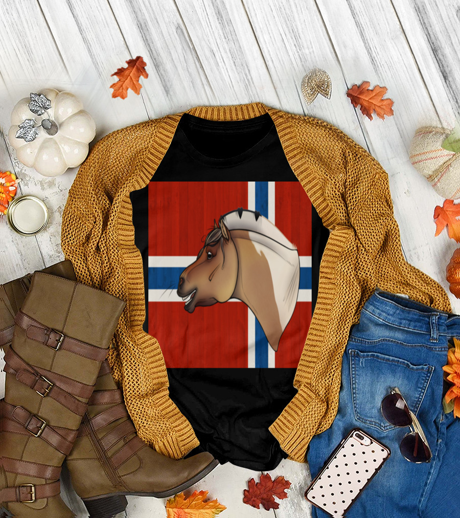 Rudi Pon Norway Fjord Horse Norwegian Flag Background T-Shirt