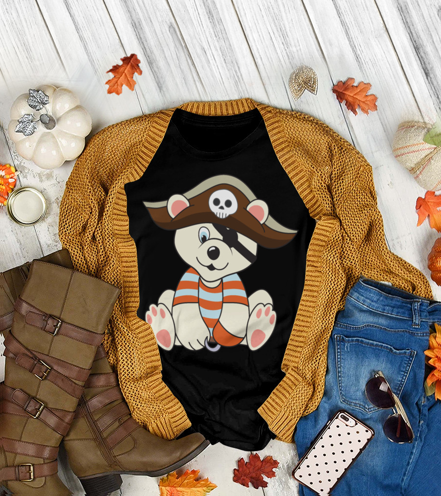 Halloween Polar Bear Pirate with Eye Patch and Skull Hat T-Shirt