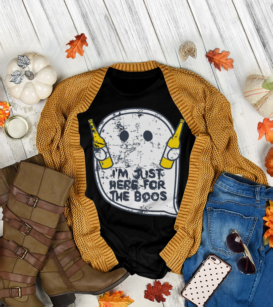 Halloween Ghost Holding Beer Bottles I'm Just Here for the Boos T-Shirt