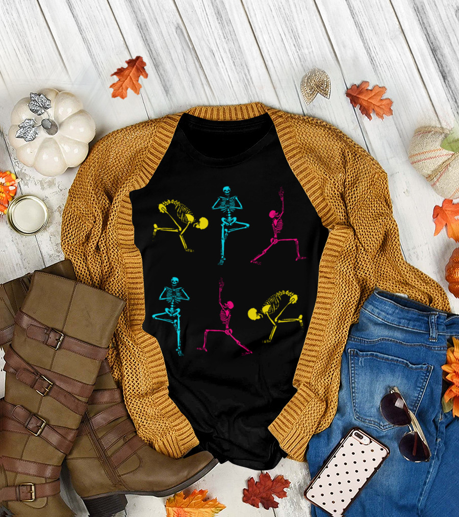 Skeleton Yoga Poses Neon Blue Pink Yellow T-Shirt