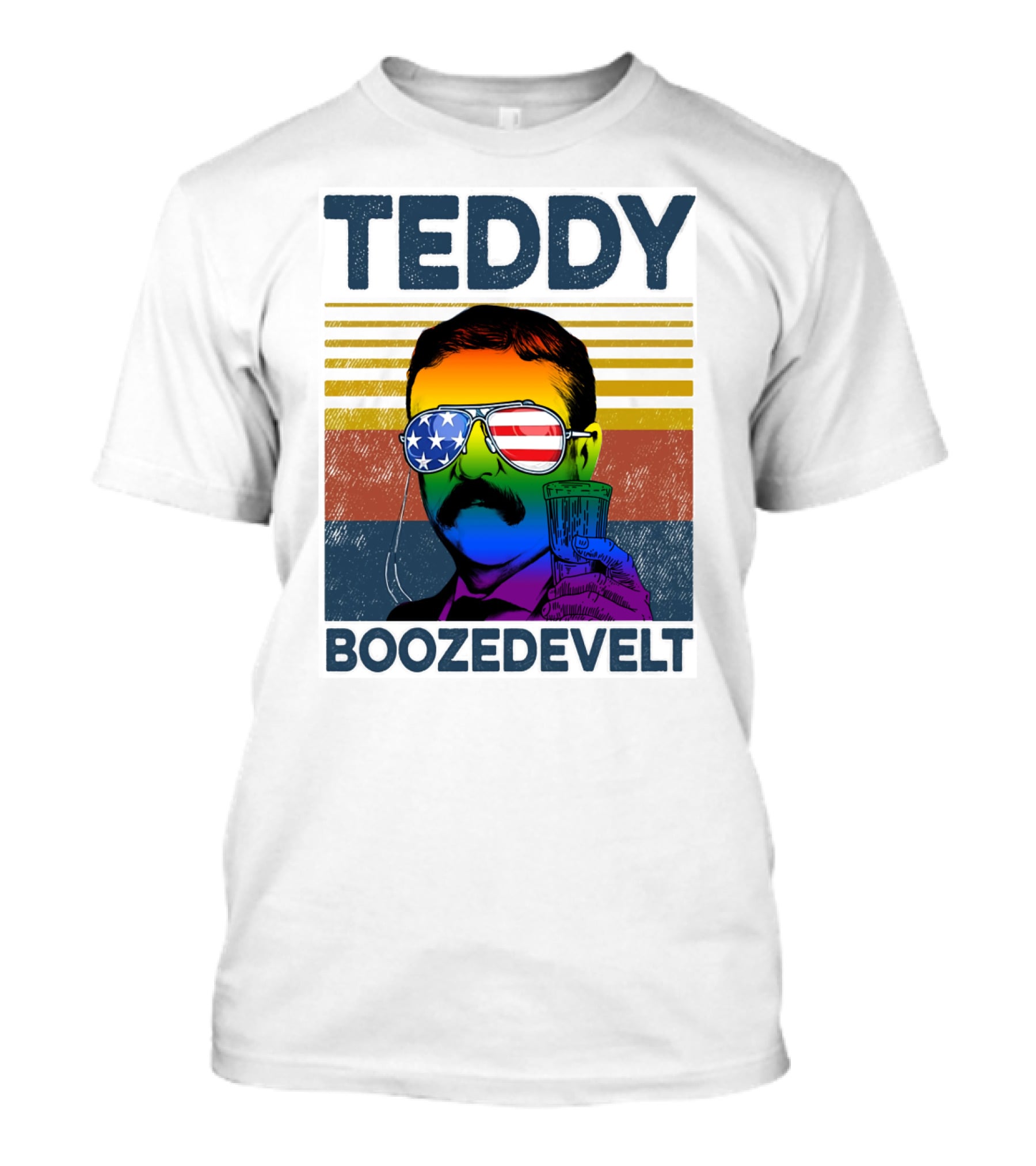 Teddy Boozedvelt Rainbow American Flag Sunglasses Beer Drink T-Shirt