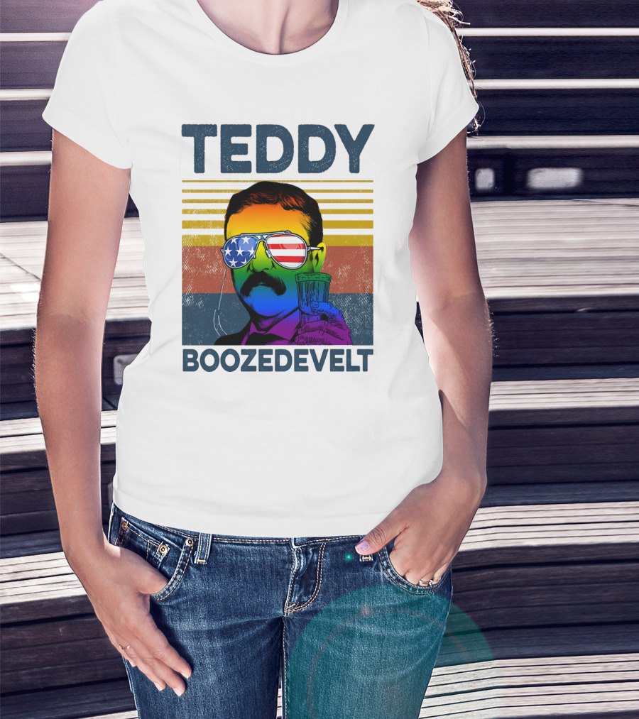 Teddy Boozedvelt Rainbow American Flag Sunglasses Beer Drink T-Shirt
