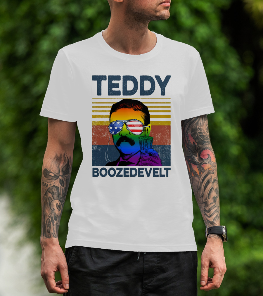 Teddy Boozedvelt Rainbow American Flag Sunglasses Beer Drink T-Shirt
