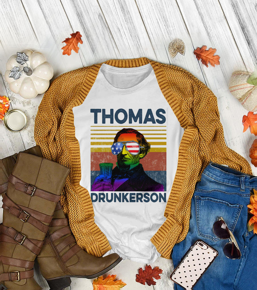 THOMAS DRUNKERSON USA Flag Sunglasses Drinking Beer T-Shirt