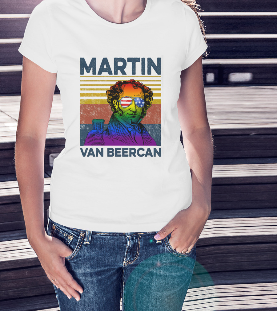 Martin Van Beercan American Flag Sunglasses Retro Drink Stripe T-Shirt
