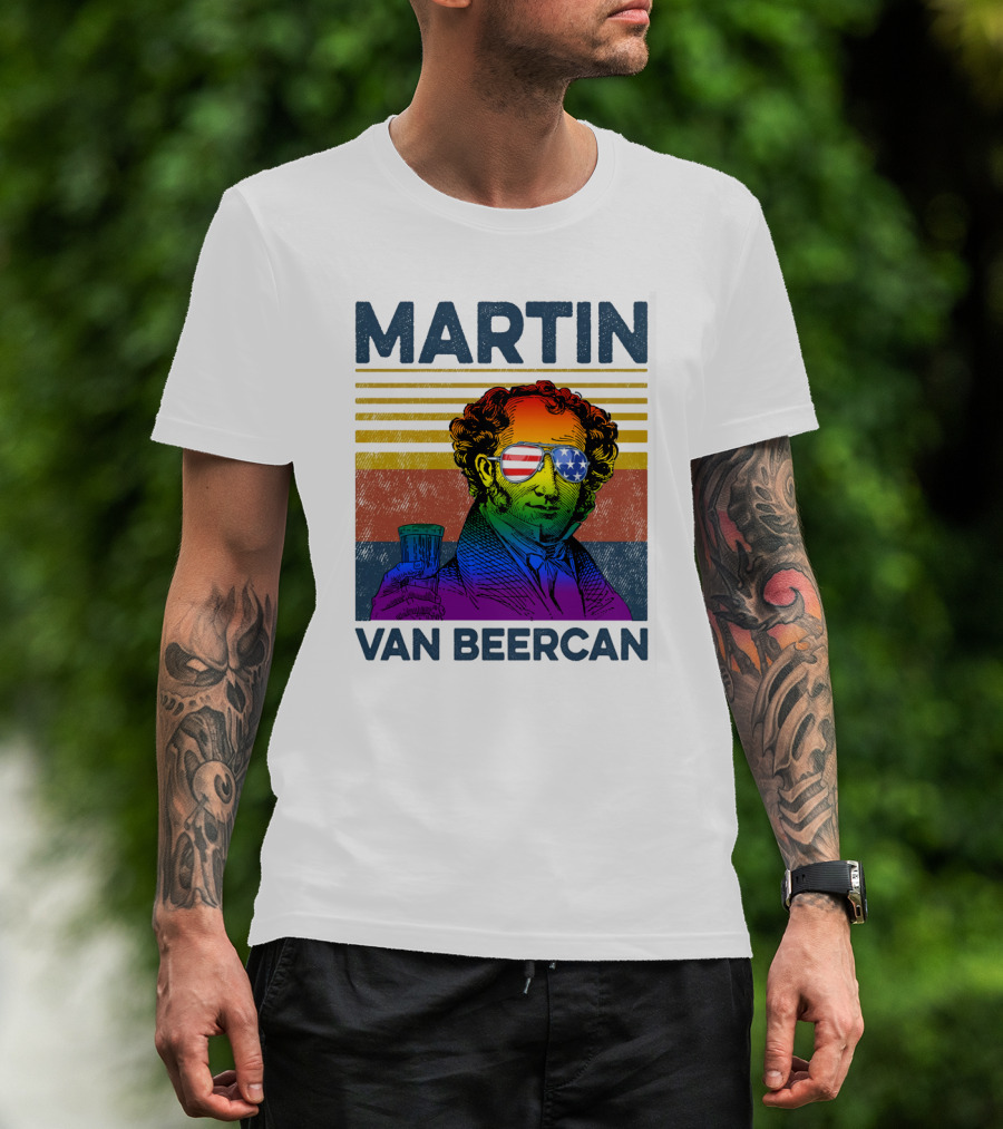 Martin Van Beercan American Flag Sunglasses Retro Drink Stripe T-Shirt