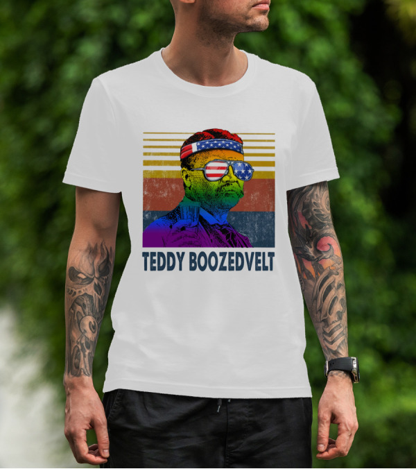 Teddy Boozedvelt Rainbow Stripes American Flag Shades T-Shirt