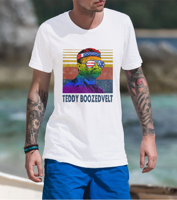 Teddy Boozedvelt Rainbow Stripes American Flag Shades T-Shirt