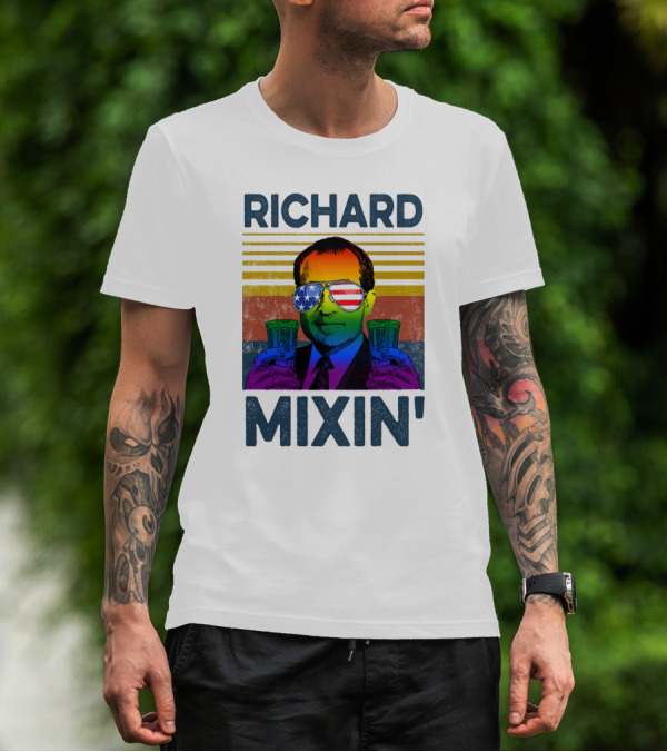 Richard Mixin' Beer Drink Patriotic Sunglasses Rainbow Stripes T-Shirt